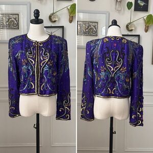 Vintage 80s Hudson’s Silk Purple Gold Bling Cropped Bolero Jacket S M